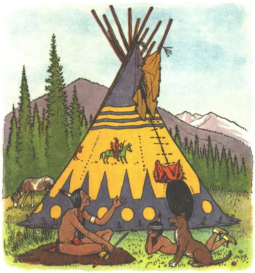 Image of Gray Bird and his father Red Eagle in front of their tepee.