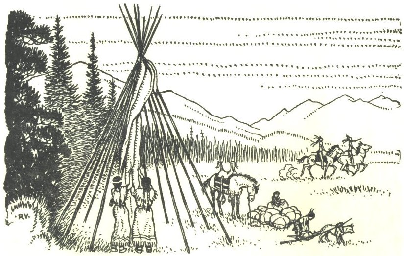 Image of Gray Bird parents setting up a teepee