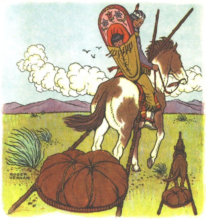 Image of Gray Bird's mother's back on horseback.